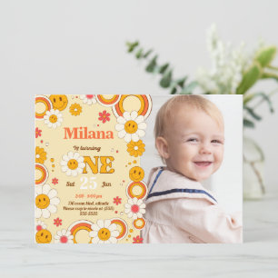 Invitación Daisy Flower First Birthday Photo Invitation Card