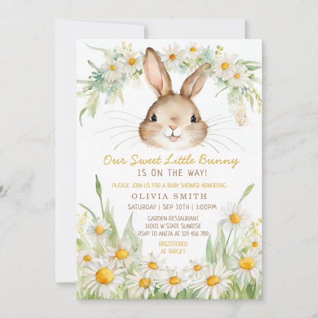 Invitación Daisy Flower Garden Bunny Rabbit Baby Shower (Anverso)