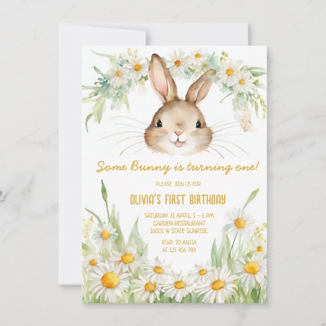 Invitación Daisy Flower Garden Bunny Rabbit Cumpleaños (Anverso)