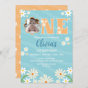 Invitación Daisy Flower Photo One Girl Daisy 1er cumpleaños