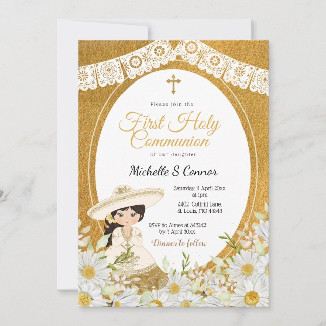 Invitación Daisy Flowers Charra Chica Primera Santa Comunión (Anverso)