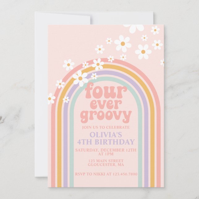 Invitación Daisy Four Ever Groovy Pastel arco iris 4º cumplea (Anverso)