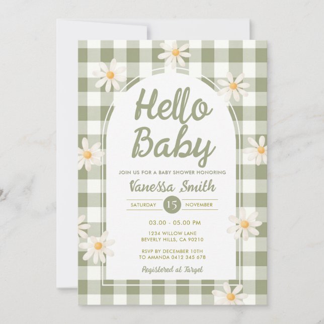 Invitación Daisy Gingham Hello Baby Shower Invitation (Anverso)