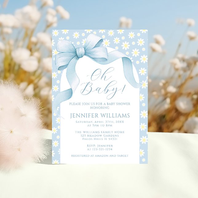 Invitación Daisy Light Blue Floral Floral Bow Cinta Bebé Duch (Subido por el creador)