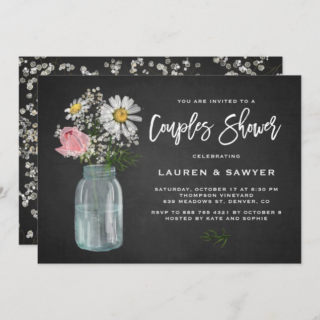 Invitación Daisy Mason Jar Chalkboard Rústica Couples Shower (Anverso / Reverso)
