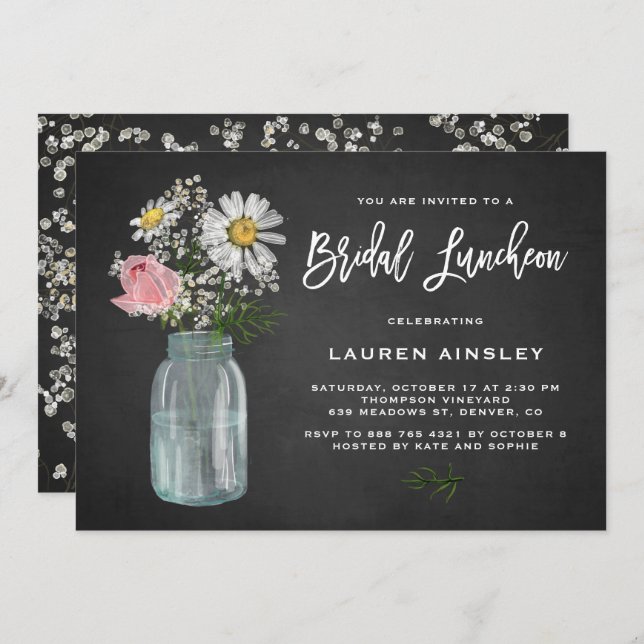 Invitación Daisy Mason Jar Chalkboard Rústico Bridal Luncheon (Anverso / Reverso)