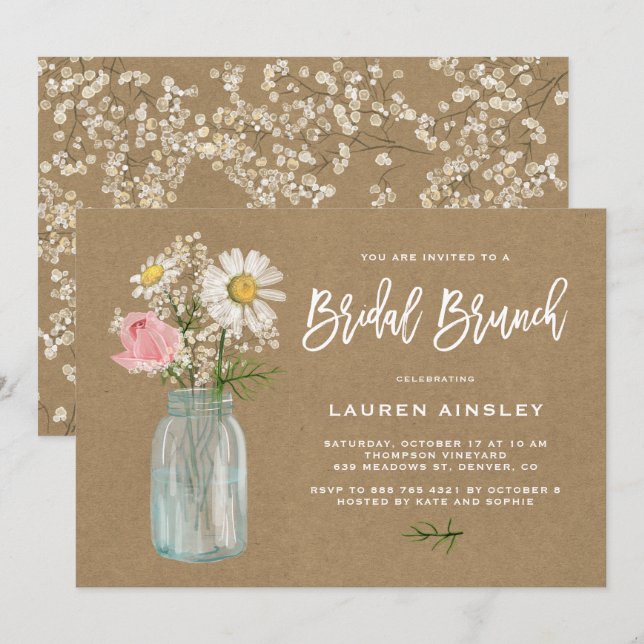 Invitación Daisy Mason Jar Rustic Kraft Paper Brunch de novia (Anverso / Reverso)