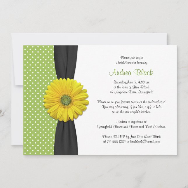 Invitación Daisy negro amarillo Polka Dot Shower (Anverso)