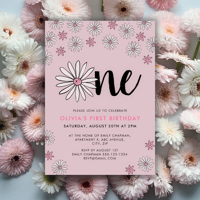 Invitación Daisy One Floral Primer cumpleaños (Girls First Birthday Invitation pink and white floral daisy design)