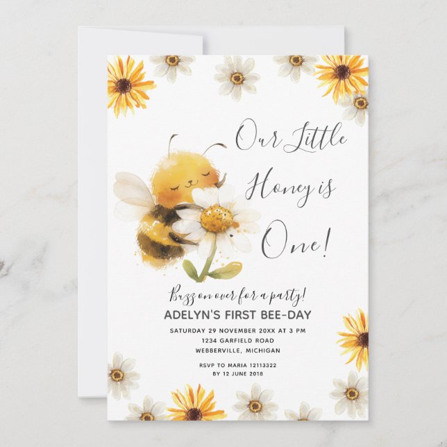 Invitación Daisy Our little Honey Bee 1er cumpleaños Sunflowe (Anverso)