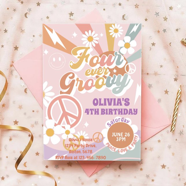 Invitación Daisy Peach Love Four Ever Groovy 4º cumpleaños (Subido por el creador)