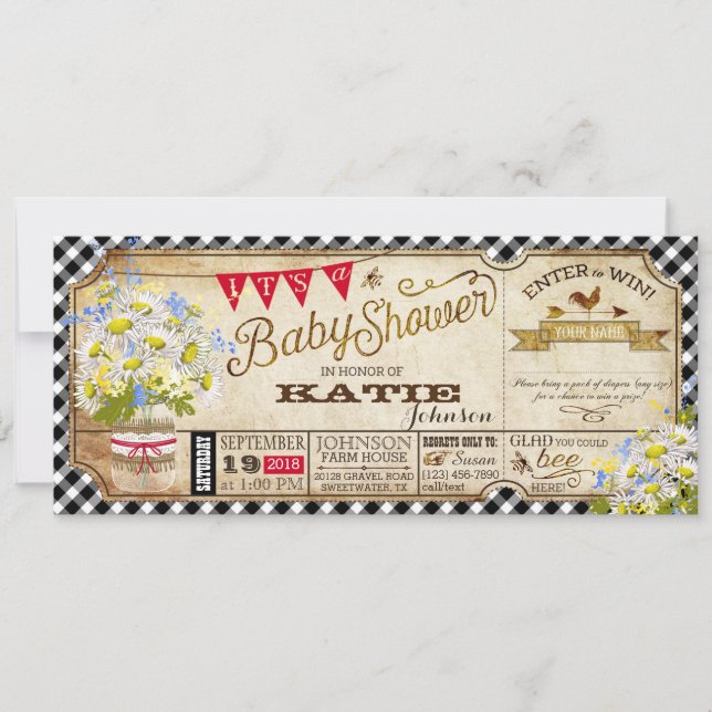 Invitación Daisy Picnic Black Gingham Check Baby Shower (Anverso)