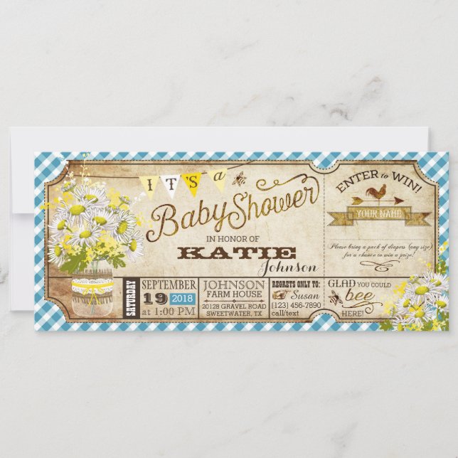 Invitación Daisy Picnic Blue Gingham Check Baby Shower (Anverso)