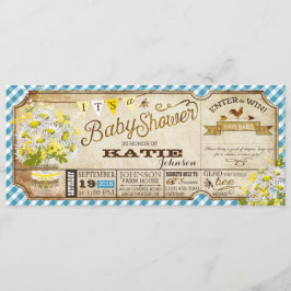 Invitación Daisy Picnic Blue Gingham Check Baby Shower