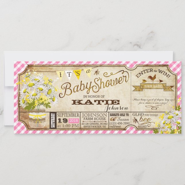 Invitación Daisy Picnic Pink Gingham Check Baby Shower (Anverso)