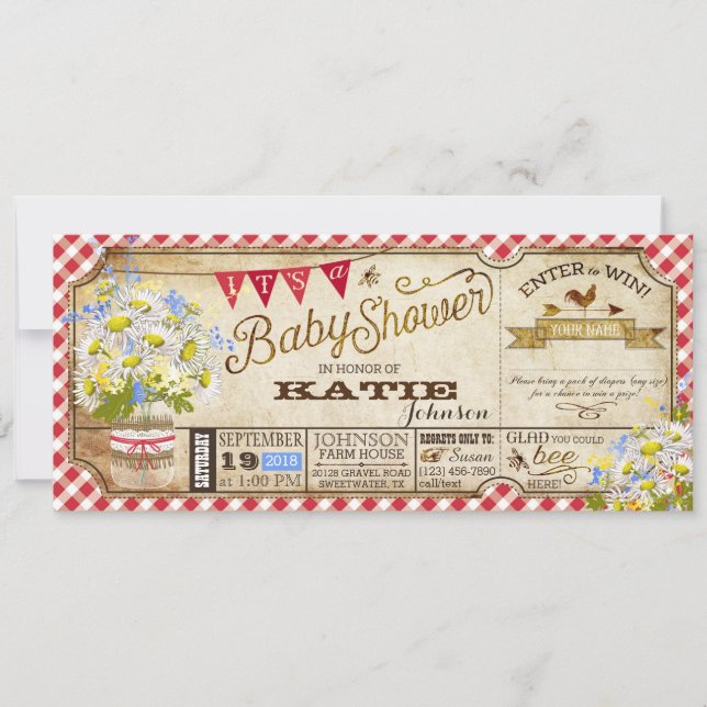 Invitación Daisy Picnic Red Gingham Check Baby Shower (Anverso)
