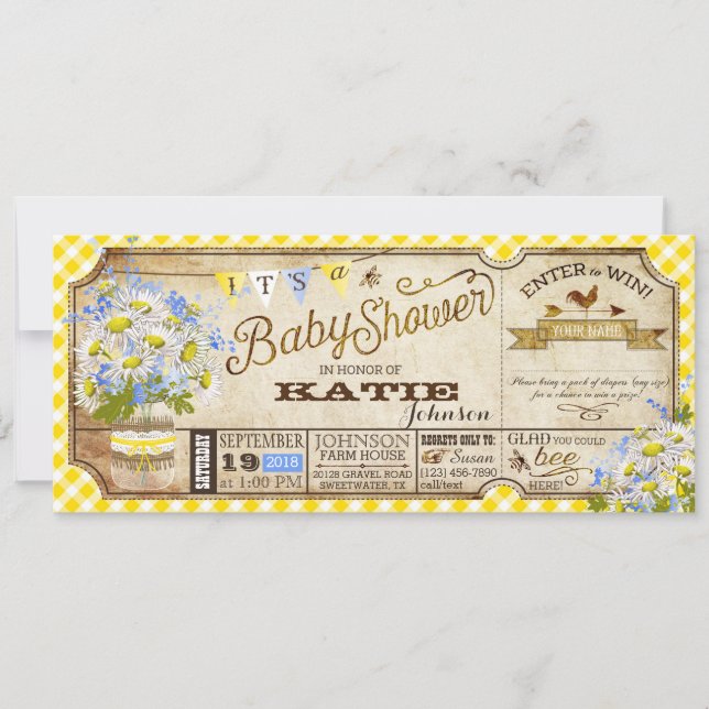 Invitación Daisy Picnic Yellow Gingham Check Baby Shower (Anverso)