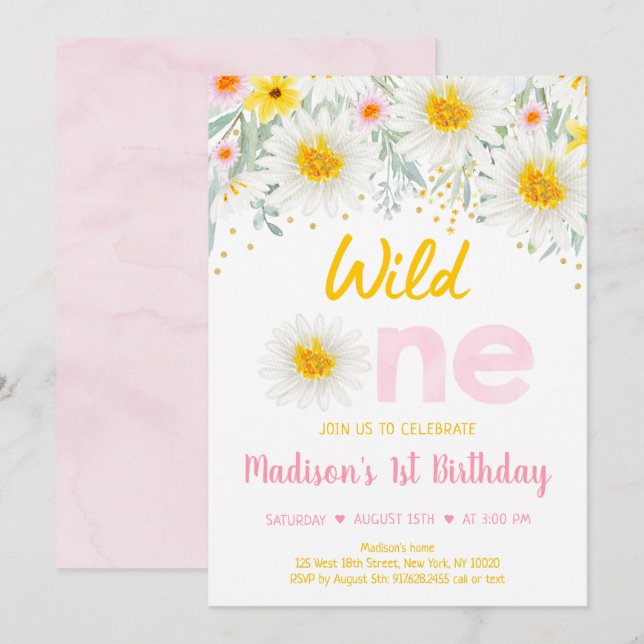 Invitación Daisy Pink Gold Wild Un primer cumpleaños (Anverso / Reverso)