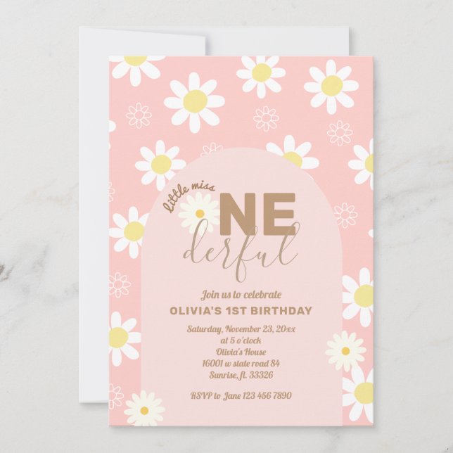 Invitación Daisy Pink Little Miss ONEMaravillosa Chica Primer (Anverso)