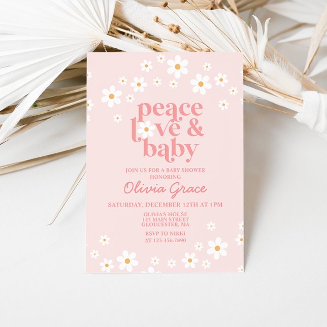 Invitación Daisy Pink Retro Peace Love Baby Shower (Subido por el creador)