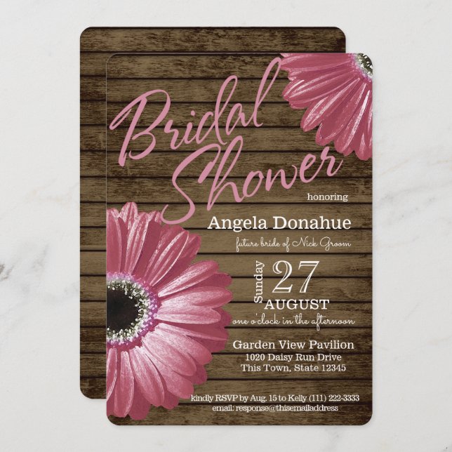 Invitación Daisy Pink Wood Bridal Shower (Anverso / Reverso)