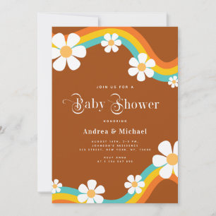 Invitación Daisy Rainbow Retro Typography Hippie Baby Shower