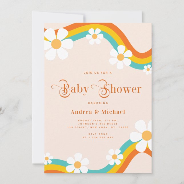 Invitación Daisy Rainbow Retro Typography Hippie Baby Shower (Anverso)