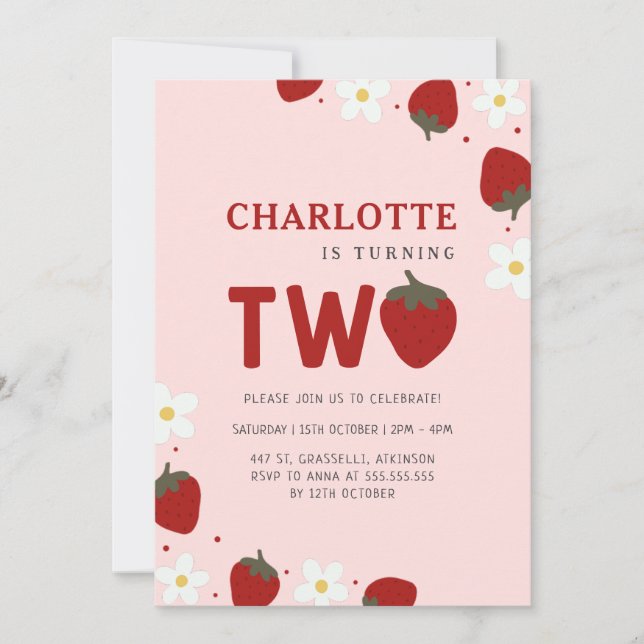Invitación Daisy Red Strawberry segundo cumpleaños de verano (Anverso)