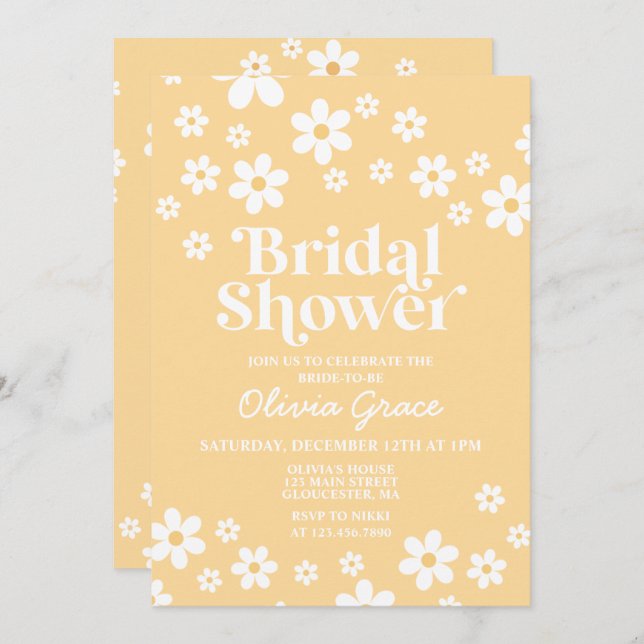 Invitación Daisy Retro amarillo Floral Bridal Shower Invitaci (Anverso / Reverso)