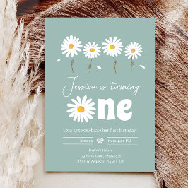 Invitación Daisy Retro Boho Fiesta Dusty Blue Primer cumpleañ