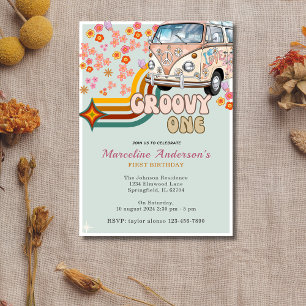 Invitación Daisy & Retro Van Floral Groovy Un primer cumpleañ