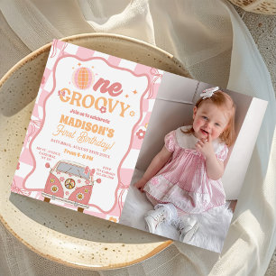Invitación Daisy & Retro Van One Groovy Foto de primer cumple