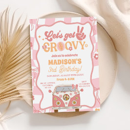 Invitación Daisy & Retro Van Pastel Groovy Tercer cumpleaños