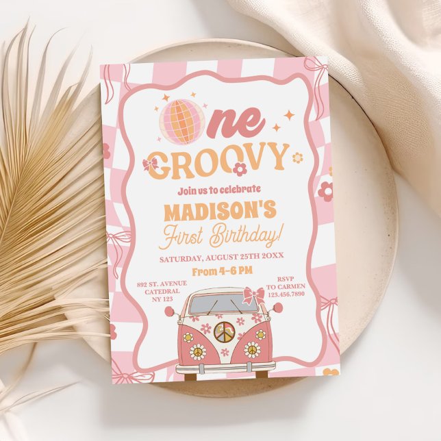 Invitación Daisy & Retro Van Pastel Un Groovy Primer Cumpleañ (Subido por el creador)
