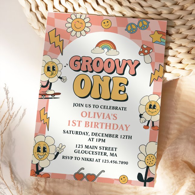 Invitación Daisy & Retro Van Pink Groovy Un primer cumpleaños (Subido por el creador)
