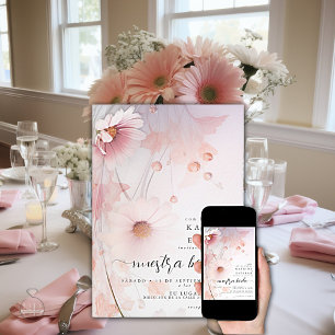 Invitación Daisy rosa bilingüe Rubor / rubor rosa margarita
