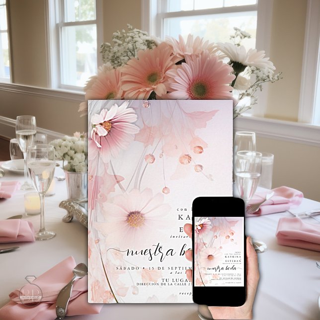 Invitación Daisy rosa bilingüe Rubor / rubor rosa margarita (Subido por el creador)