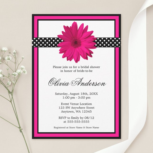 Invitación Daisy Rosa Polka Negro Dots Bridal Shower (Subido por el creador)