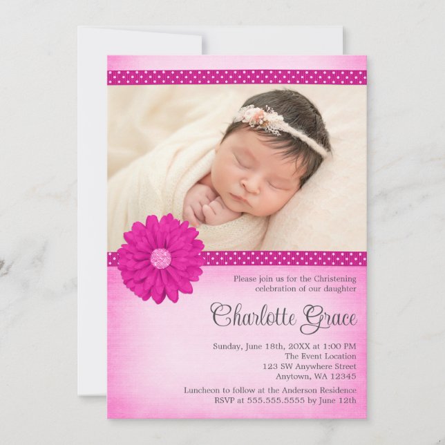 Invitación Daisy Rosado Sparkle Foto Bautismo Christening (Anverso)