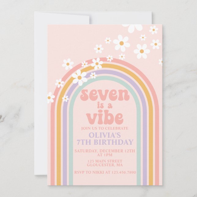 Invitación Daisy Seven es un cumpleaños número 7 Vibe Pastel  (Anverso)