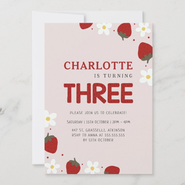 Invitación Daisy Strawberry Gris claro 3er cumpleaños de vera (Anverso)
