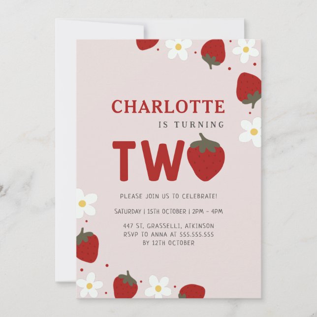 Invitación Daisy Strawberry Gris claro segundo cumpleaños de  (Anverso)