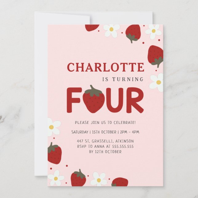Invitación Daisy Strawberry Pink cuarto cumpleaños de verano (Anverso)