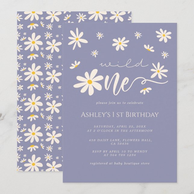 Invitación Daisy Wild One First Birthday Boho Purple (Anverso / Reverso)