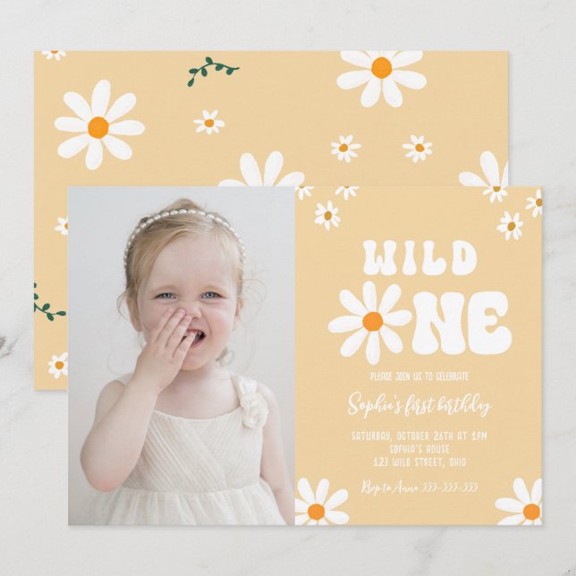 Invitación Daisy Wild One First Birthday Fiesta Boho Foto (Anverso / Reverso)