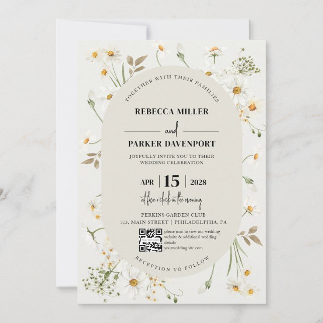 Invitación Daisy Wildflowers Boda moderna código QR (Anverso)
