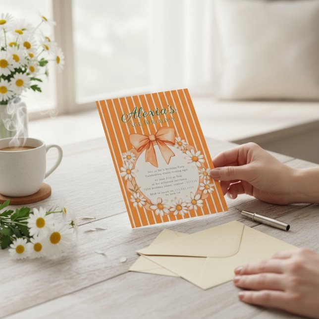 Invitación Daisy Wreath Orange Stripe Birthday invitation (Subido por el creador)