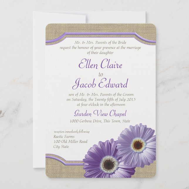 Invitación Daisy y Burlap Lavender Purple (Anverso)