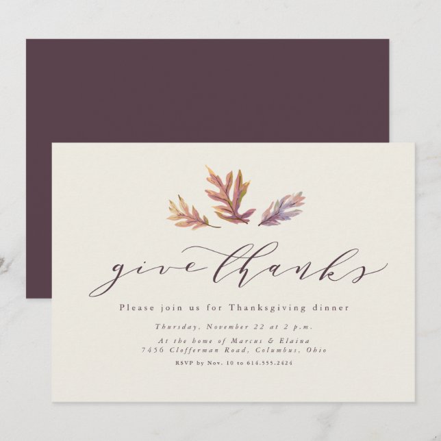 Invitación Dales gracias hojas simples y elegantes Acción de  (Anverso / Reverso)