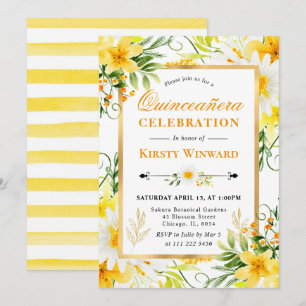 Invitación Dalia de acuarela y flores amarillas Quinceañera